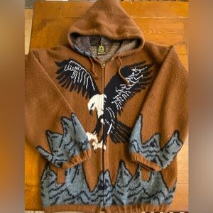 Vtg Tejidos Ruminahui Bald Eagle Sweater Zip Up Hood Brown Wool Oversized L
